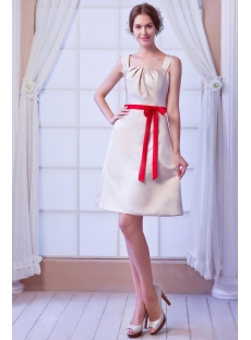Champagne Short Inexpensive Bridesmaid Dress with Red Sash
