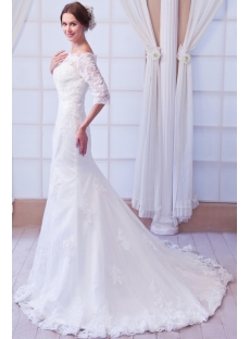 Off Shoulder Sheath Lace Wedding Dress with Middle Sleeves