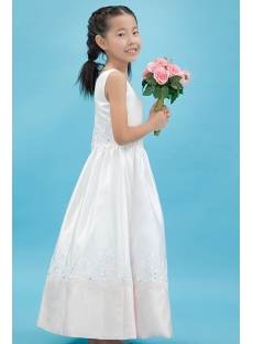 Satin Tea Length Simple Flower Girl Dress with V-neckline