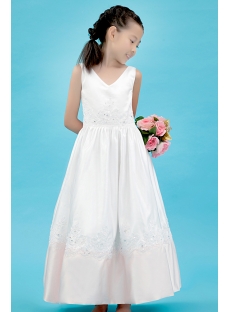 Satin Tea Length Simple Flower Girl Dress with V-neckline