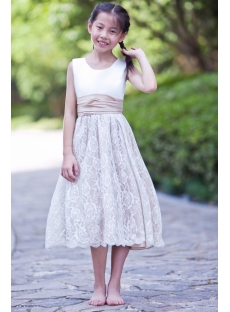White and Champagne Elegant Short Lace Flower Girl Dress