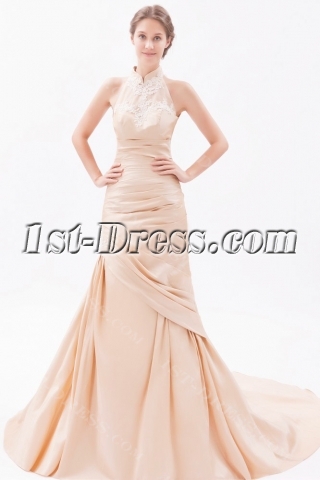 Champagne Sheath High Neck Wedding Dresses with Low Back