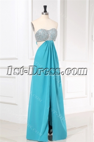 Turquoise Blue Open Back Sexy Evening Dress