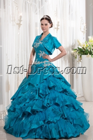 Turquoise Blue Ruffle 2014 Ball Gown Quince Dress with Jacket