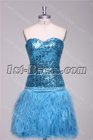 Turquoise Ostrich Feather and Sequins Plus Size Cocktail Dress