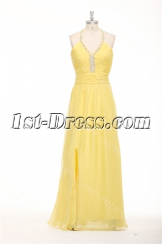 Yellow Beaded Halter Long Plus Size Club Dress