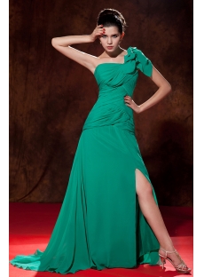 Hunter Green Long Chiffon Slit One Shoulder Evening Dresses