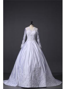 Modest Lace Long Sleeve Wedding Dress with V-Neckline