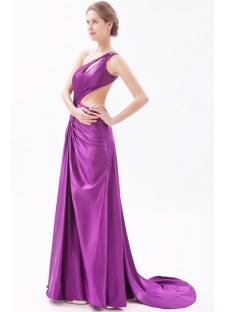 One Shoulder Purple Satin Evening Dress with Sexy Keyholes