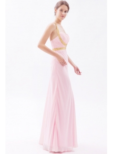 Pink and Gold Long Chiffon Crossed Straps Cheap Evening Dress