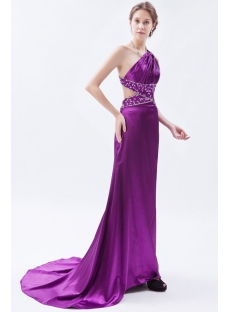 Purple One Shoulder Sexy Open Back Evening Dress with Train