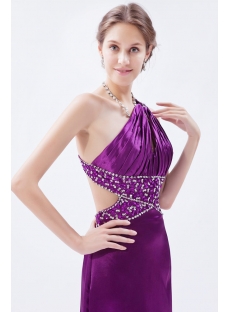 Purple One Shoulder Sexy Open Back Evening Dress with Train