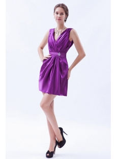 Satin Purple Mini Cocktail Dress with V-neckline