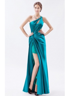 Teal Blue Long Backless Sexy One Shoulder Evening Dress with Slit