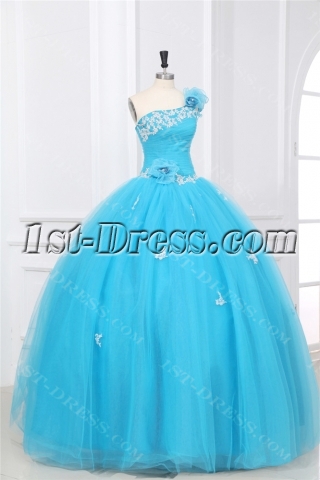 Aqua One Shoulder Puffy 2014 Quinceanera Dresses with Floral