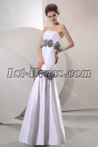 Cheap Strapless Flowers White and Silver Sheath Bridal Gowns