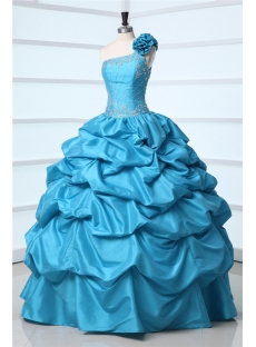 One Shoulder Turquoise Pick up Masquerade Ball Gown