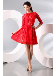 Red Short Middle Sleeves Lace Homecoming Dress