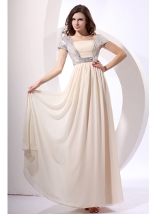 Silver Sequins Long Chiffon Modest Prom Dress with Short Sleeves