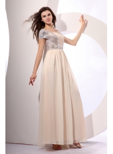 Silver Sequins Long Chiffon Modest Prom Dress with Short Sleeves