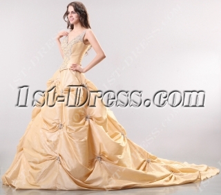 Champagne Luxurious Pick-up Wedding Dress with V-neckline