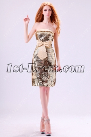 Gold Sequins Short Strapless Evening Dress with Bow