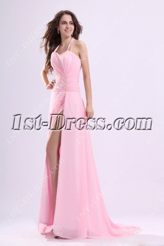 Halter Pink Long Sexy Evening Dress with Slit Front