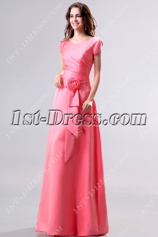 Modest Coral V-neckline Short Sleeves Bridesmaid Dress