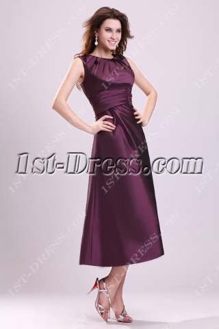 Modest Grape Tea Length Taffeta Formal Evening Gown