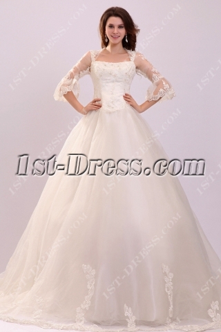 Queen Anne 1/2 Lace Sleeves Princess Ball Gown Wedding Dress