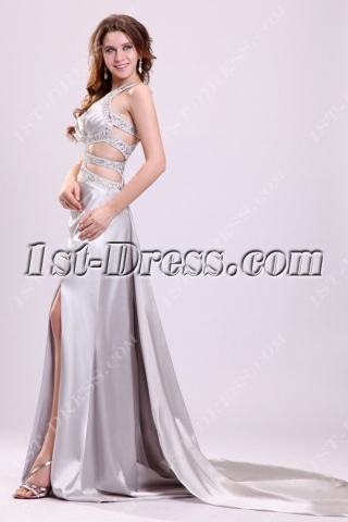 Unique Jeweled Silver Sexy Pageant Dresses with Train