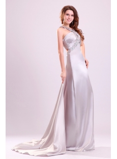 Beaded Silver Straps Pageant Dresses with Open Back