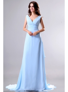 Light Blue V-neckline Formal Evening Gown with Train