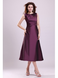 Modest Grape Tea Length Taffeta Formal Evening Gown