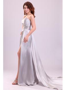 Open Back Silver One Shoulder Sexy Prom Dress with Detachable Train
