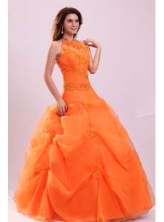 Pretty Halter Orange Organza Long 15 Quinceanera Dress