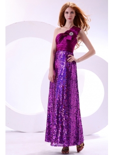 Shine Fuchsia Sequins Long One Shoulder Pretty Party Dress