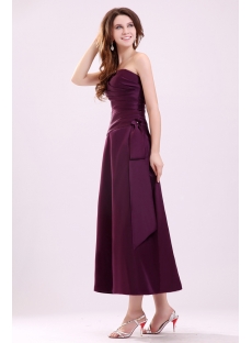 Strapless Grape Satin Tea Length Bridesmaid Dress