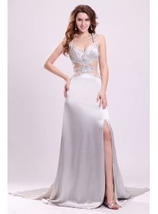 Unique Jeweled Silver Sexy Pageant Dresses with Train