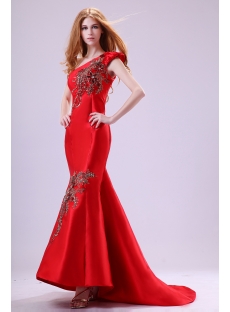 Unique Red One Shoulder Mermaid Evening Dress with Train