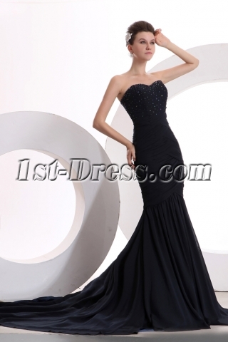 Attractive Navy Blue Mermaid Formal Evening Gowns with Train