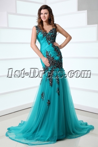 Pretty Teal Blue and Black Celebrity Party Dress with V-back