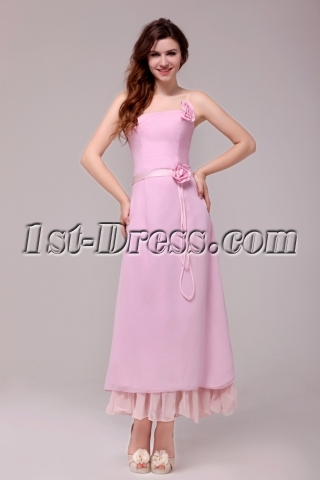 Simple Strapless Chiffon Pink Ankle Length Bridesmaid Dress