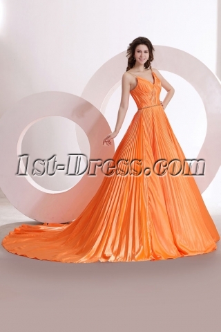 Straps Orange Pleats Formal Evening Dress with Train