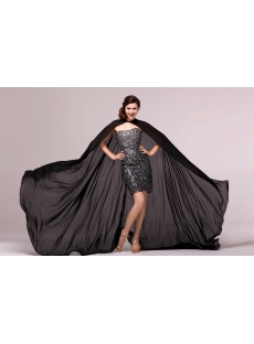 Black Sequins Short Celebrity Prom Dress with Cloak