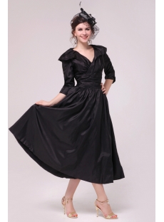 Black Taffeta Middle Sleeves Mother of Groom Dress in Tea Length