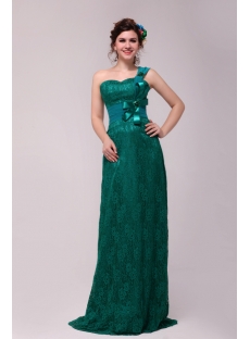 Elegant Green One Shoulder Lace Evening Dress with Train