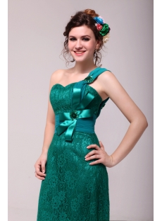 Elegant Green One Shoulder Lace Evening Dress with Train