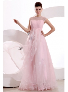 Modest Cap Sleeves Pink Organza Long Evening Dress