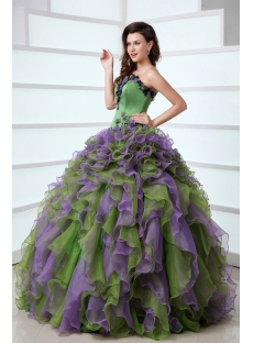 Puffy Ruffled Affordable Green and Purple Colorful Quinceanera Dress Organza Ball Gown